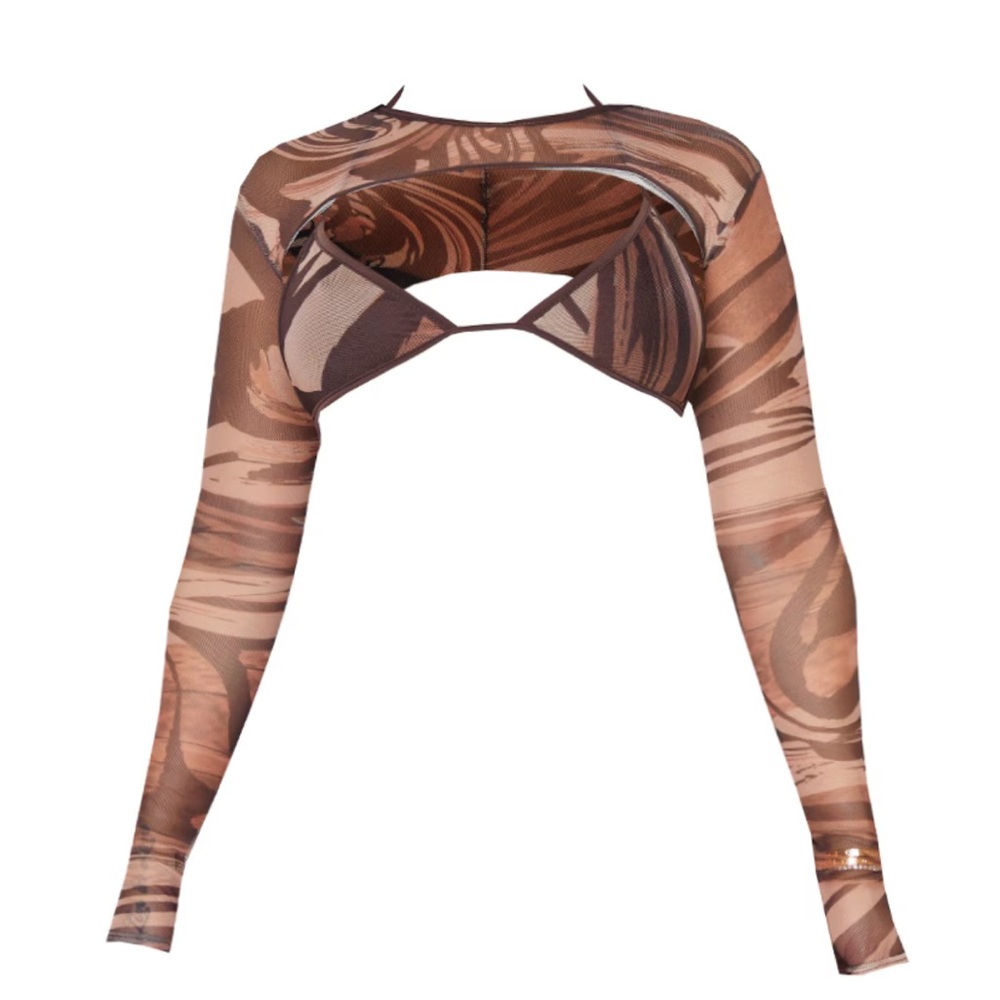 Pretty little thing brown mesh marble print triangle top with sleeves UK 14 US10